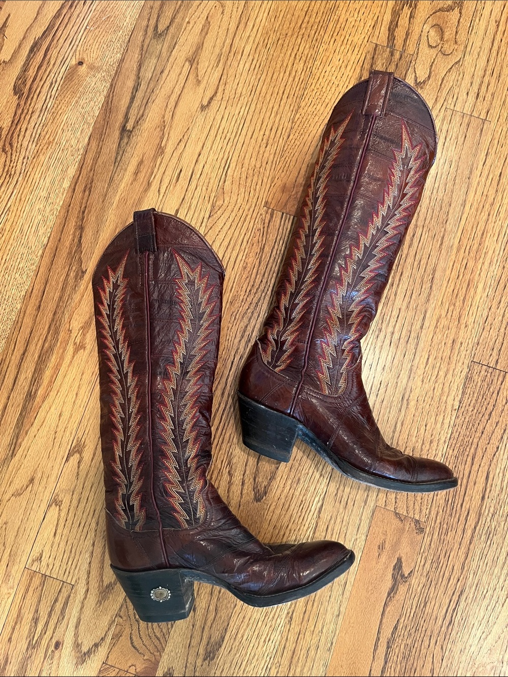 RARE VINTAGE LARRY MAHAN EEL SKIN TALL WESTERN BOOTS FLAME STITCH 5.5 5 1/2 B